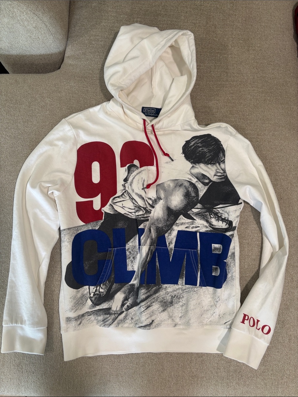 Limited Polo by Ralph Lauren White Hoodie with Red '93' and Blue CLIMB Graphic